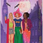 „Daily Witch Oracle: 32 Cards for Your Magical Life“. Drei stilisierte Frauen, eine mit Hexenhut, spazieren nachts.