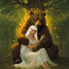 „Bear & Oak: Safety, Stillness, Stability“. Eine Frau und ein Bär sitzen unter einem Baum, umgeben von Glühwürmchen.