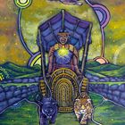 „7 DER WAGEN“ steht unten. Eine Illustration zeigt eine Person auf einem Wagen, der von einem Panther und einem Jaguar gezogen wird.