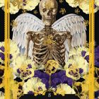 Text: "8 Der Sarg Trauer - Leid - Schmerz". Ein Skelett mit Flügeln, umgeben von gelben und violetten Blumen, in goldener Umrandung.