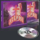 Text: "WIDOW". CD-Cover mit einer Zeichnung einer Frau vor einem roten Kreuz und lilafarbenem Hintergrund. CD zeigt Titel und Tracks.