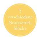 Text: "5 verschiedene Notizzettelblöcke." Gelber Kreis mit weißen Punkten am Rand.