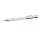 Stift mit Text: "Clac! ist die Summe schöner Momente", verziert mit weißen Blumen.
