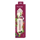 "Thermometer. Regen lässt das Gras wachsen, Wein das Gespräch." Illustration mit Weinflasche, Weinglas und Trauben.