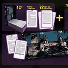 „HOW-TO CRIME PLACES: INHALT UND VORBEREITUNG“. Zeigt Spielbox, Anleitung, Karten und benötigtes Zubehör auf einem dunklen Hintergrund.