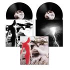 Zwei schwarze Schallplatten mit „Project Pitchfork“ Label, darunter abstrakte Kunst mit einer Silhouette und Blitzen.