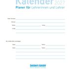 Lehrer Kalender 2026/2027, Planer für Lehrer. Felder für Name, Adresse, Telefon, Handy, E-Mail. Notfallkontakte. Seibert GmbH Logo.