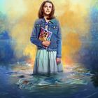 Auf einem Buch steht "ROPER'S SHAME". Ein Mädchen in einer Jeansjacke steht im Wasser, umgeben von Zeichnungen.