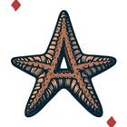 "A" in roter Schrift, rote Raute oben links und unten rechts, Seestern-Illustration in der Mitte mit detailliertem Muster.