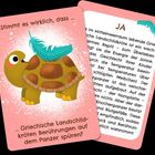 "Stimmt es wirklich, dass Griechische Landschildkröten Berührungen auf dem Panzer spüren?" Bunte Illustration einer Schildkröte.