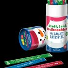 "Stadt, Land, Weihnachten. Das rasante Ratespiel." Bunte Spielkarten und eine Dose mit Schneemannabbildung.