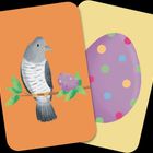 Illustration: Ein Vogel auf einem Ast mit einem bunten Ei, dahinter ein großes, lila gepunktetes Ei.