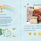 Text oben links: "Liebes Kommunionkind". Rechts oben: "Meine Kommunion". Datum: "3. Mai 2026". Wetter: "warm und sonnig". Gefühl: Sternsymbol angekreuzt. 

Illustration: Kelch mit Hostie unter Regenbogen, Fische und Pflanzen. Bild zeigt Hand mit Hostie.