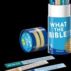 Quiz-Dose "WHAT THE BIBLE!?", Fragen auf Karten: "WER BIN ICH?", "GESCHICHTE ERKANNT?", "FAKE ODER BIBEL?".