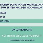 Text: "Zu welchem Song tanzte Michael Jackson zum ersten Mal den Moonwalk?" Antworten: A) Thriller, B) Beat It, C) Billie Jean. Unten: "Next Line: 99 Luftballons auf ihrem Weg zum Horizont." Ein Mikrofon-Symbol ist vorhanden.