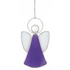 Keine Texte vorhanden. Metallumrandetes Glasornament in Engel-Form, mit lila Kleid und glitzernden weißen Flügeln.