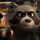 Eine Illustration eines Waschbären mit ernster Mine, Finger erhoben, im Hintergrund ein Käfig mit einer Katze.