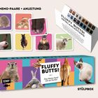 "30 MEMO-PAARE + ANLEITUNG" und "FLUFFY BUTTS! SPIELANLEITUNG" stehen über Bildern von Tierhinterteilen und einer Schachtel.