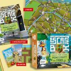 Titel: "Escape Box". Texte: "Für Minecraft Fans", "Stoppt den Hackerangriff!", "1 Spielanleitung", "40 Karten", "1 Poster". Ein Minecraft-Thema mit Karten und Figuren.