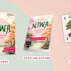 "NIWA Japanischer Garten" auf Spielbox und Anleitung. Illustrationen zeigen Bäume, Kirschblüten und Text: "Spielebox", "Spielanleitung", "74 Karten".