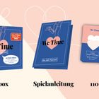 "We Time: Ein Jahr Paarzeit. 52 Date-Ideen." Box, Anleitung, Karten für Paare; Herzdesign mit modernen Linien.