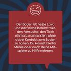 "Der Boden ist heiße Lava und darf nicht berührt werden..." steht in einem roten Feld mit lächelndem Gesicht. Hintergrund blau-schwarze Spiralen.