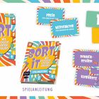 Texte: "Sort it", "Wer schlecht sortiert, verliert!", "Preis", "Nervfaktor", "Sonnenschirm". Bunte Spielbox und Karten.