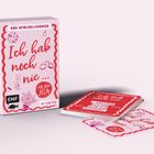 Kartenspiel-Box mit „Ich hab noch nie...“. Enthält 64 Karten, illustriert mit Party- und JGA-Symbolen in Rot und Pink.