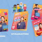 "Checkst du's? Das Spiel" - Spielbox, Spielanleitung, 64 Karten Challenges, 64 Karten Quizkarten, Uhr und Kinderillustrationen.