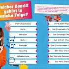 "Welcher Begriff gehört in welche Folge?" Links Begriffe: Atemschutzmaske, Aorta, usw. Rechts Folgen: Der Ballett-Check, usw.