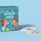 Box: „Meine Entdecker Karten“; „Suchspiel für Kinder ab 3 Jahren“; Illustration von zwei Kindern mit Rucksack und Ball.