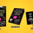 "Pantomime" Spiel mit 64 Karten. Schwarze Box und Anleitung mit neonfarbenen Symbolen auf gelbem Hintergrund.