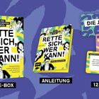 "RETTE SICH, WER KANN!" Spielbox, Anleitung und Karten mit Texten "DIE JURY", "SPION", und eine verzwickte Situation beschrieben.