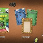 „Mini-Games für Minecraft-Fans“. Kartenspielbox, drei Karten, abwischbarer Stift mit pixeligem Design.