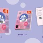„55x STRICKEN: Profi-Hacks und Tricks.“ Box, Booklet und Karten auf lila Hintergrund mit Strickmotiven.