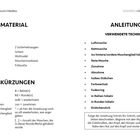 Text: "MATERIAL". Größe: 8,5 cm. Anleitungen für Häkeltechniken, Abkürzungen und Materialien.