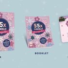 Text: „55x Häkeln - Sternenzauber“. Zeigt eine Box, ein Booklet und 55 Karten mit Häkelmustern und Anleitungen.
