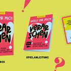 Spielebox mit der Aufschrift: "Wollt ihr mich verarschen". Daneben Anleitung und Karten. Gestaltet in Pink und Gelb.