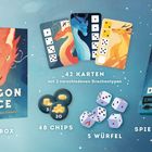 "Dragon Dice: Spielebox, 42 Karten, 48 Chips, 5 Würfel, Spielanleitung. Bunte Drachen und Würfel auf blauem Hintergrund."