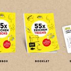 Links: "55x Zeichen Tricks", gelbes Design mit Zeichnungen. Rechts: Karte "#22 Lost and Found Lines", illustriertes Gebäude.