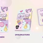 „Das ultimative K-POP QUIZ“, 64 Karten, spannende Fragen. Bunte Spielbox und Anleitung mit Musik- und Herz-Symbolen.