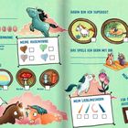 Eine bunte Illustration mit Einhornthemen, um Kindern Fragen zu ihren Vorlieben und ihrem Alter zu stellen.