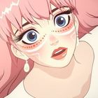 Es ist eine Anime-Illustration. Ein Mädchen mit rosa Haaren hat große blaue Augen. Der Hintergrund zeigt eine leuchtende Stadt.