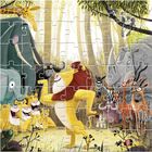 Illustration eines tanzenden Löwen umgeben von fröhlichen Tieren im Wald, darunter Elefanten, Giraffen und Zebras.