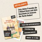 RÄTSELKARTE: Eine bunte Geburtstagskarte mit Rätseln. Texte betonen Geschenkoptionen, Audiobotschaft, Gutscheinfach.