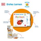 "Erstes Lernen: Farben" und "Würfel Puzzle" in blau. Marienkäfer-Bild, orange Kreis. Würfel mit Tiermotiven.