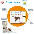 "Erstes Lernen," "Bauernhof," "das Kalb," "4 Würfel in hochwertiger Schubbox," "abwischbar," "schönes Geschenk," "das Huhn."