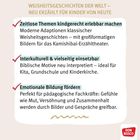 "Weisheitsgeschichten der Welt – Neu erzählt für Kinder von heute. Don Bosco Logo. Drei Hauptpunkte mit grünen Überschriften."