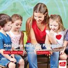 Don Bosco Verlag für Pädagogik. Frau in rotem Shirt liest mit Kindern, zwei Mädchen und ein Junge. Farbiges Logo unten rechts.