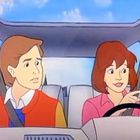 Illustration: Zwei Personen im Auto, die Frau am Steuer, zeigt nach vorn. Beide haben einen lebhaften Ausdruck.